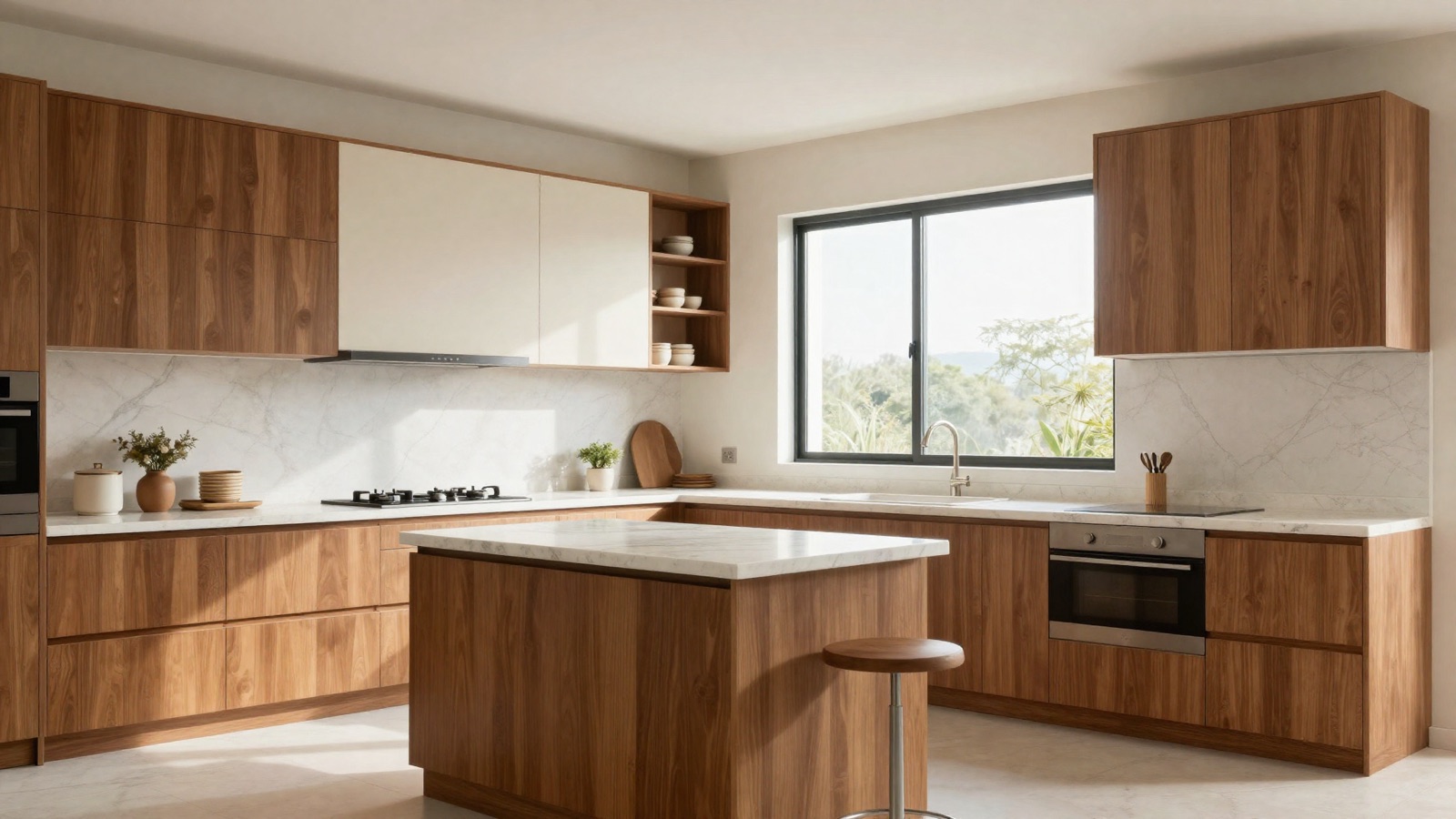 Kitchen set custom kayu walnut dengan pencahayaan alami
