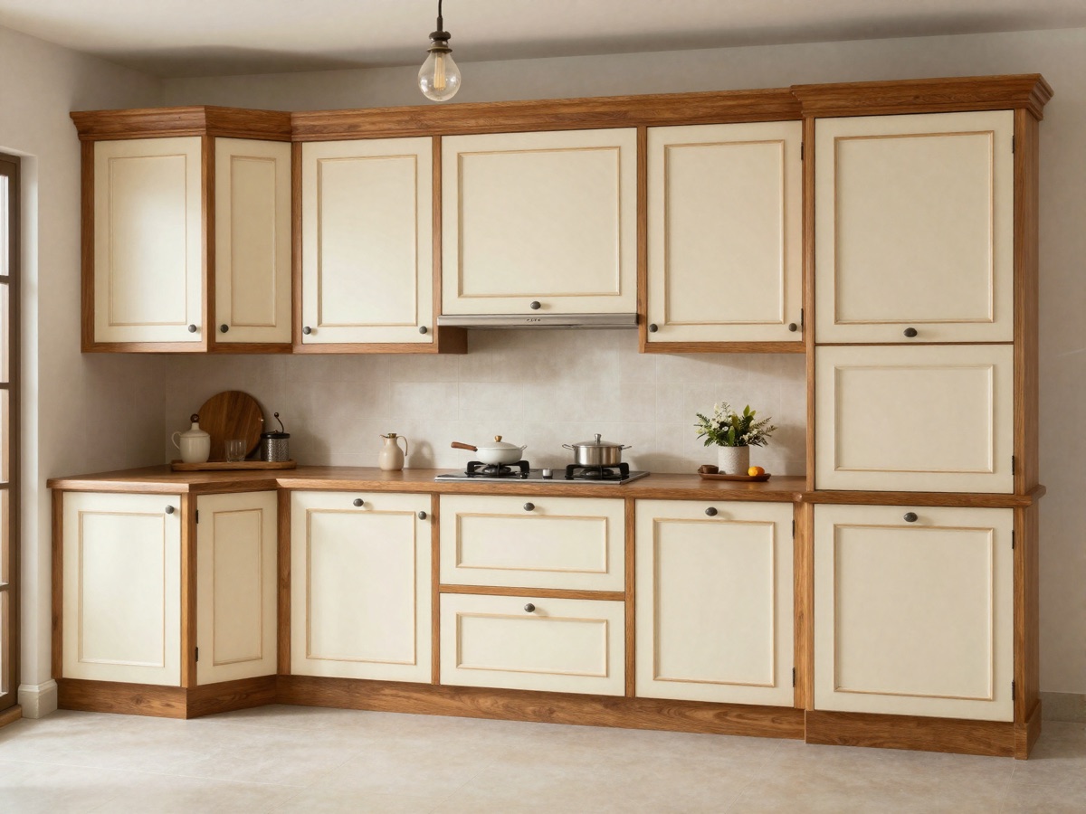 Kitchen set klasik shaker warna krem dengan trim kayu