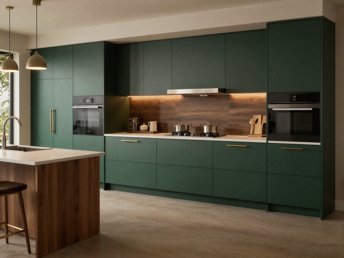 Kitchen set modern hijau tua dengan aksen kayu walnut dan kuningan